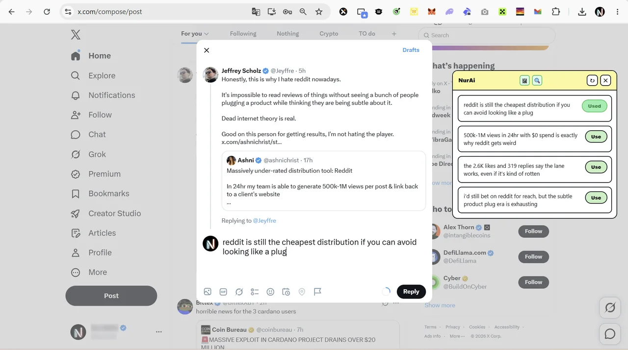 Clean one-click paste in the NurAi X reply generator